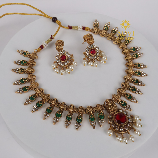 Temple Lakshmi AD Stone Green Mango Necklace Set with Pearl Drops