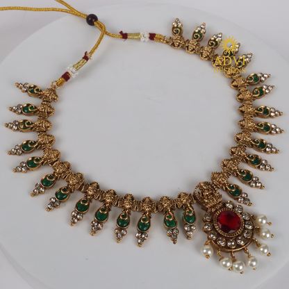 Temple Lakshmi AD Stone Green Mango Necklace Set with Pearl Drops