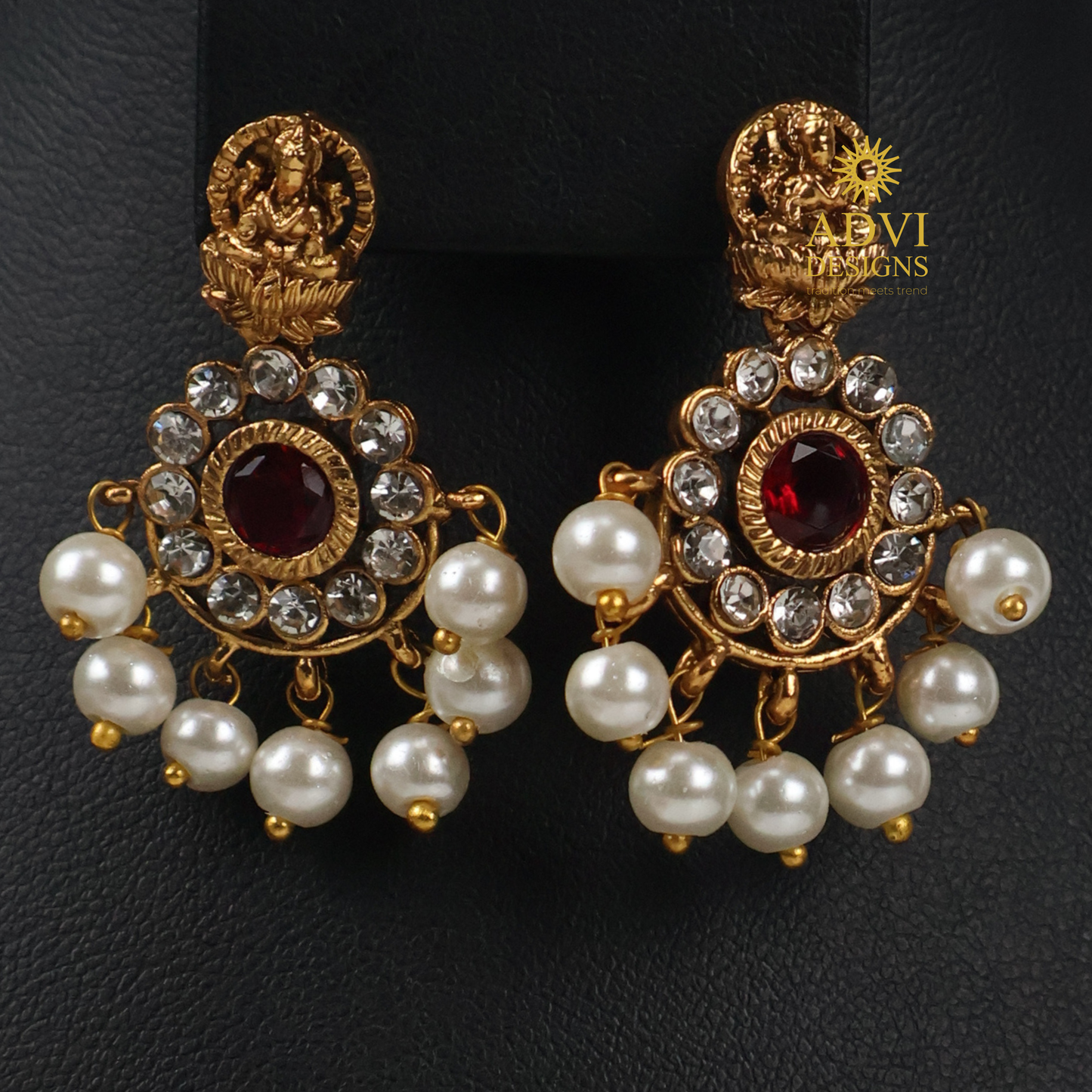Temple Lakshmi AD Stone Green Mango Necklace Set with Pearl Drops