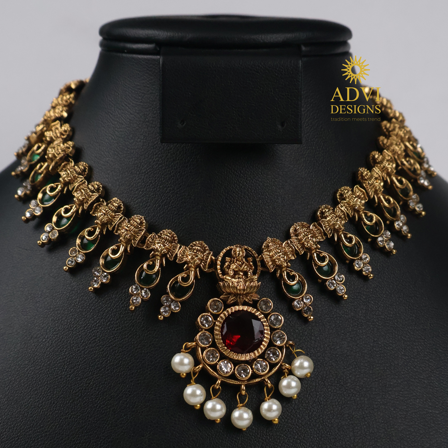 Temple Lakshmi AD Stone Green Mango Necklace Set with Pearl Drops