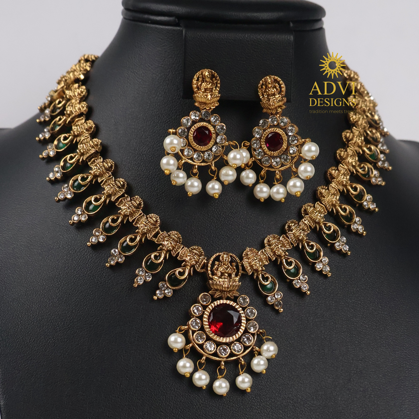Temple Lakshmi AD Stone Green Mango Necklace Set with Pearl Drops