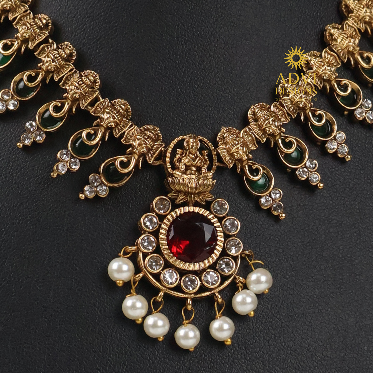 Temple Lakshmi AD Stone Green Mango Necklace Set with Pearl Drops