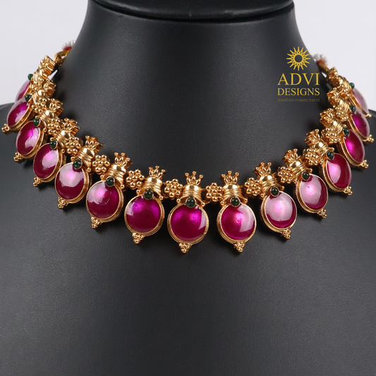Traditional Temple Purple Bead Adjustable Necklace Set with Lakshmi Stud Earrings