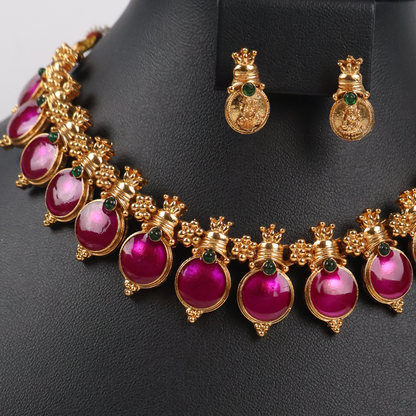 Traditional Temple Purple Bead Adjustable Necklace Set with Lakshmi Stud Earrings
