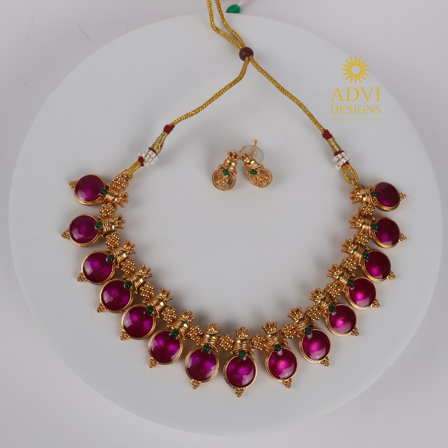 Traditional Temple Purple Bead Adjustable Necklace Set with Lakshmi Stud Earrings