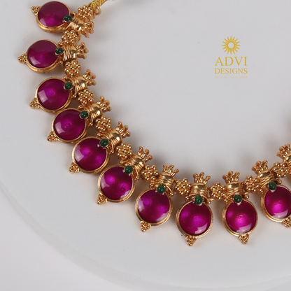 Traditional Temple Purple Bead Adjustable Necklace Set with Lakshmi Stud Earrings