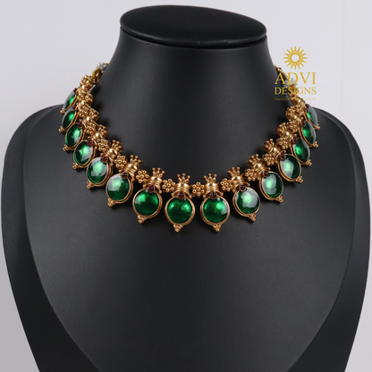 Traditional Temple Green Bead Adjustable Necklace Set with Lakshmi Stud Earrings