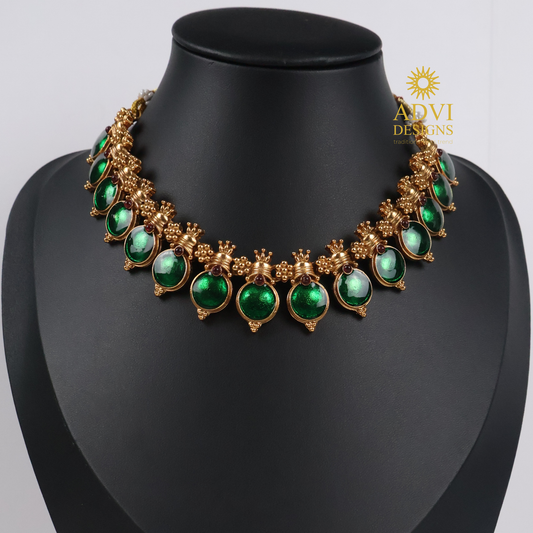 Traditional Temple Green Bead Adjustable Necklace Set with Lakshmi Stud Earrings