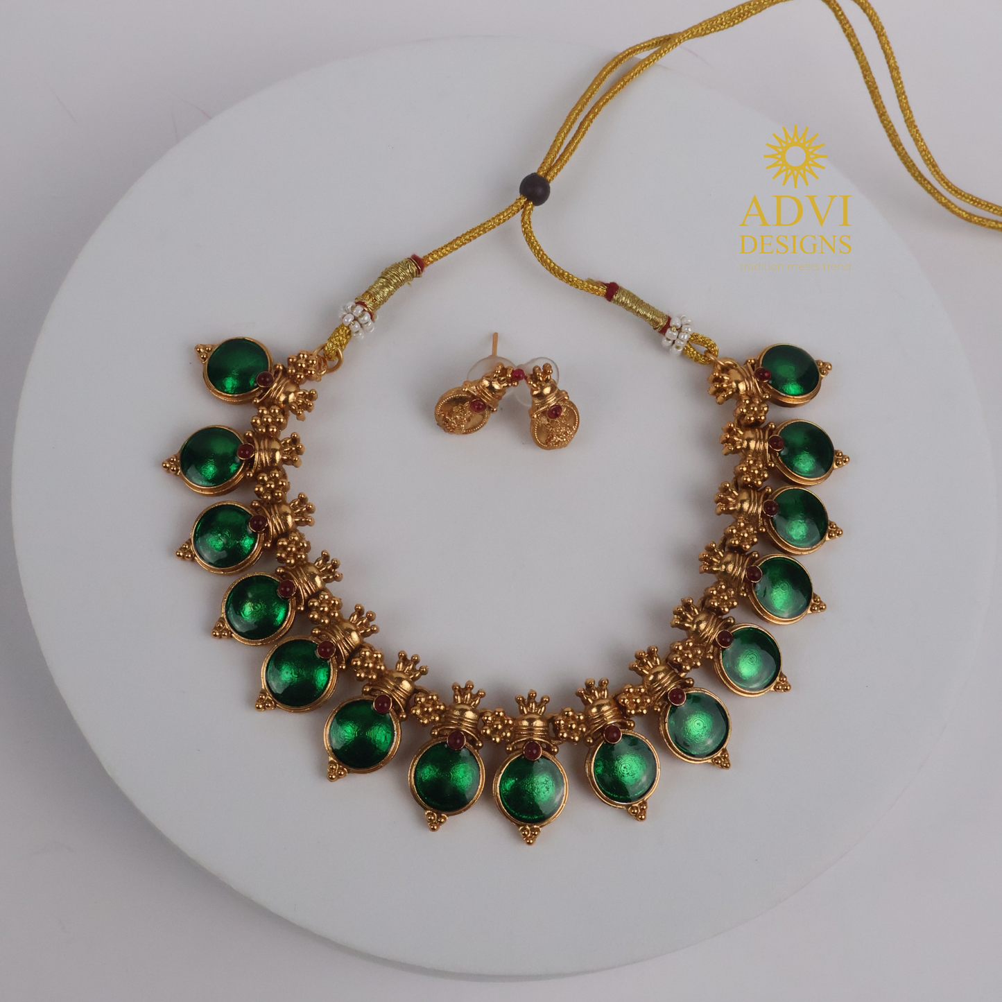 Traditional Temple Green Bead Adjustable Necklace Set with Lakshmi Stud Earrings
