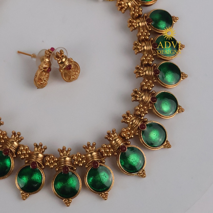 Traditional Temple Green Bead Adjustable Necklace Set with Lakshmi Stud Earrings