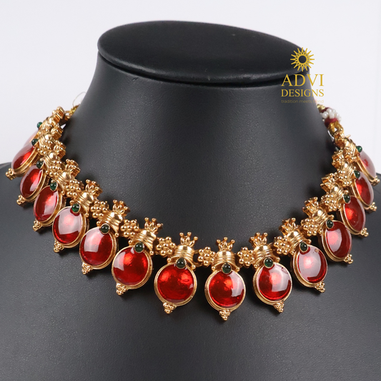 Traditional Temple Red Bead Adjustable Necklace Set with Lakshmi Stud Earrings