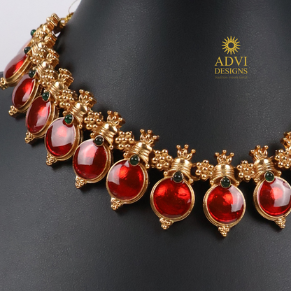Traditional Temple Red Bead Adjustable Necklace Set with Lakshmi Stud Earrings