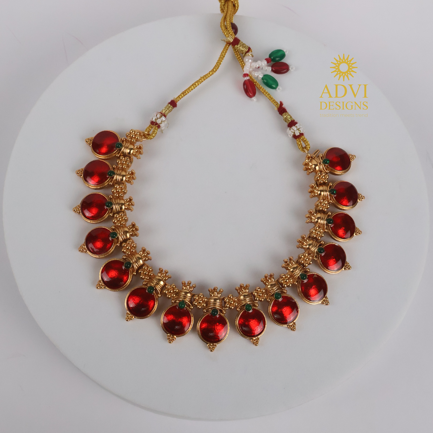 Traditional Temple Red Bead Adjustable Necklace Set with Lakshmi Stud Earrings
