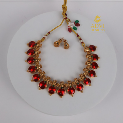 Traditional Temple Red Bead Adjustable Necklace Set with Lakshmi Stud Earrings