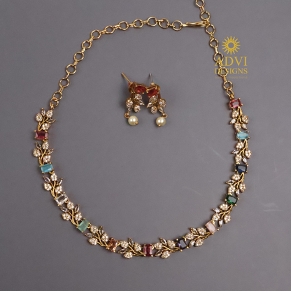 Premium AD Stone Multicolor Floral Necklace Set with Pearl Drop Earrings