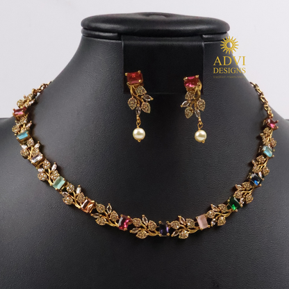 Premium AD Stone Multicolor Floral Necklace Set with Pearl Drop Earrings