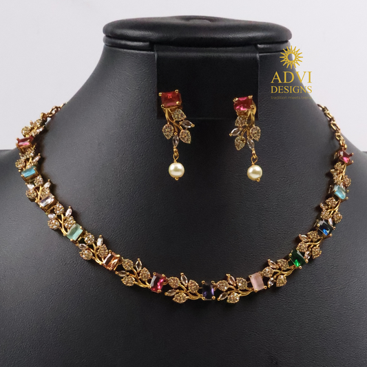 Premium AD Stone Multicolor Floral Necklace Set with Pearl Drop Earrings