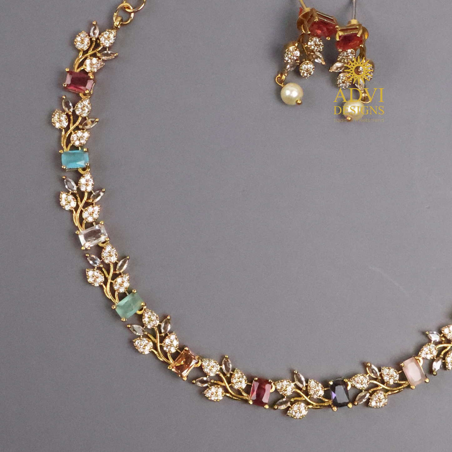 Premium AD Stone Multicolor Floral Necklace Set with Pearl Drop Earrings