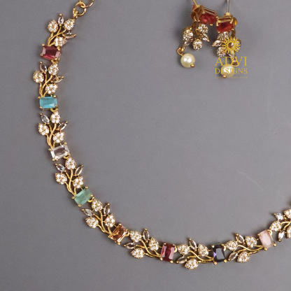 Premium AD Stone Multicolor Floral Necklace Set with Pearl Drop Earrings