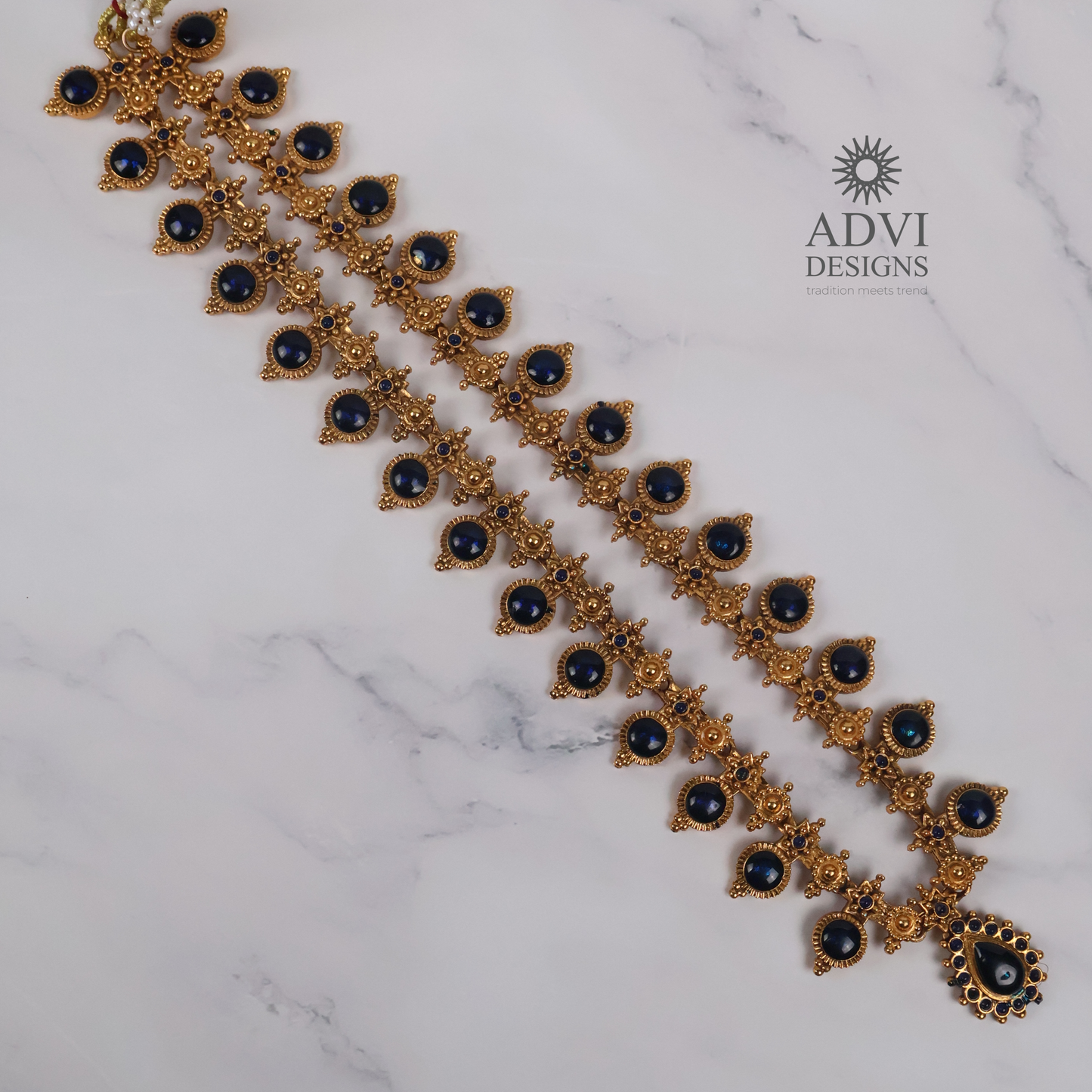 Traditional Temple Blue Stone Long Haram Necklace Set with Pendant & Stud Earrings