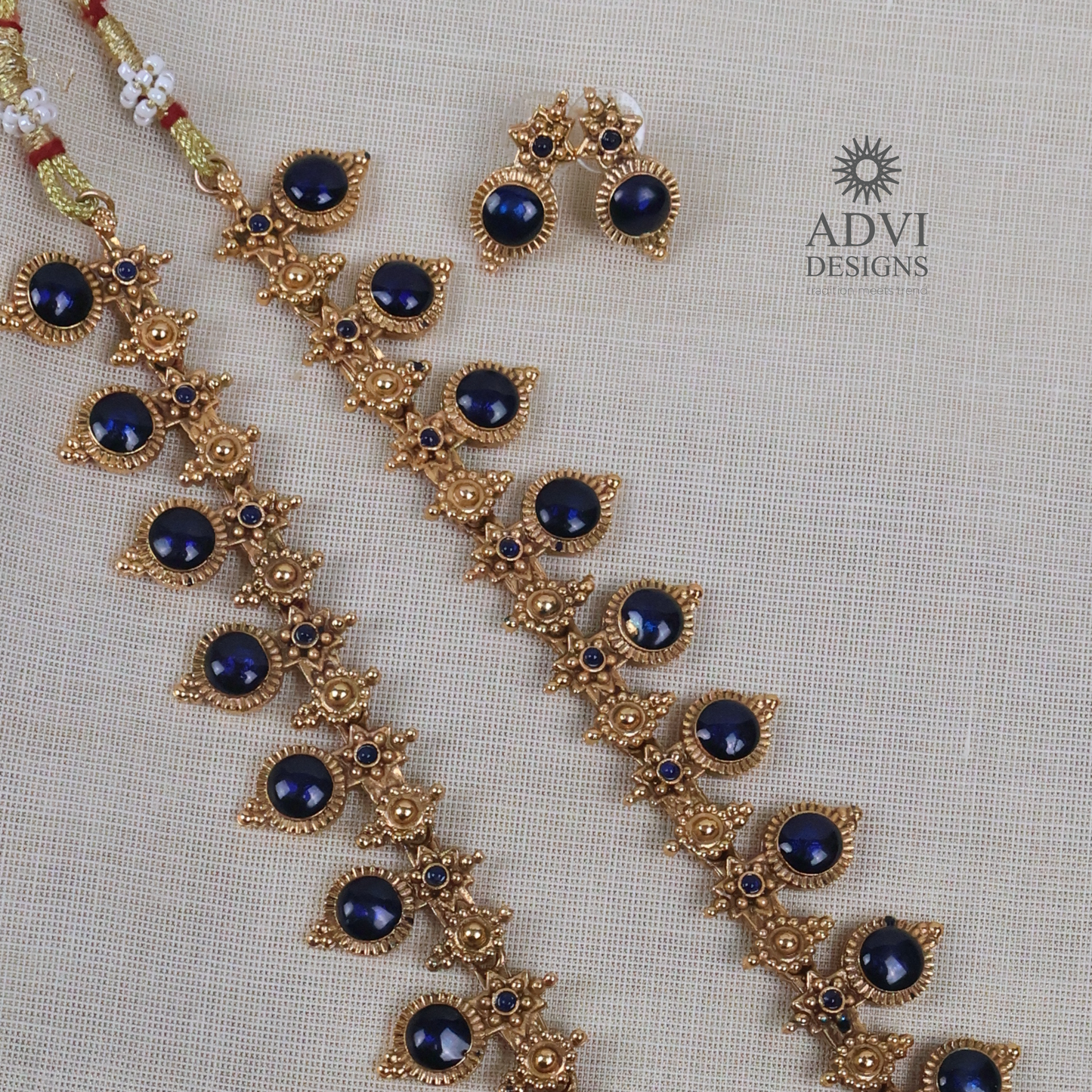 Traditional Temple Blue Stone Long Haram Necklace Set with Pendant & Stud Earrings