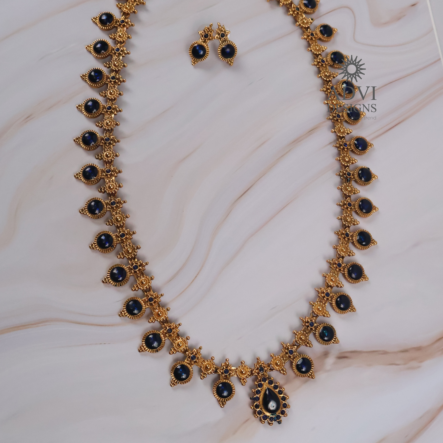 Traditional Temple Blue Stone Long Haram Necklace Set with Pendant & Stud Earrings