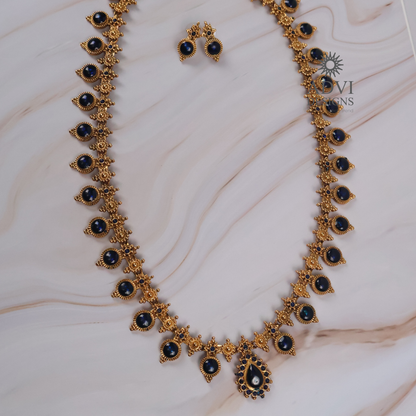 Traditional Temple Blue Stone Long Haram Necklace Set with Pendant & Stud Earrings