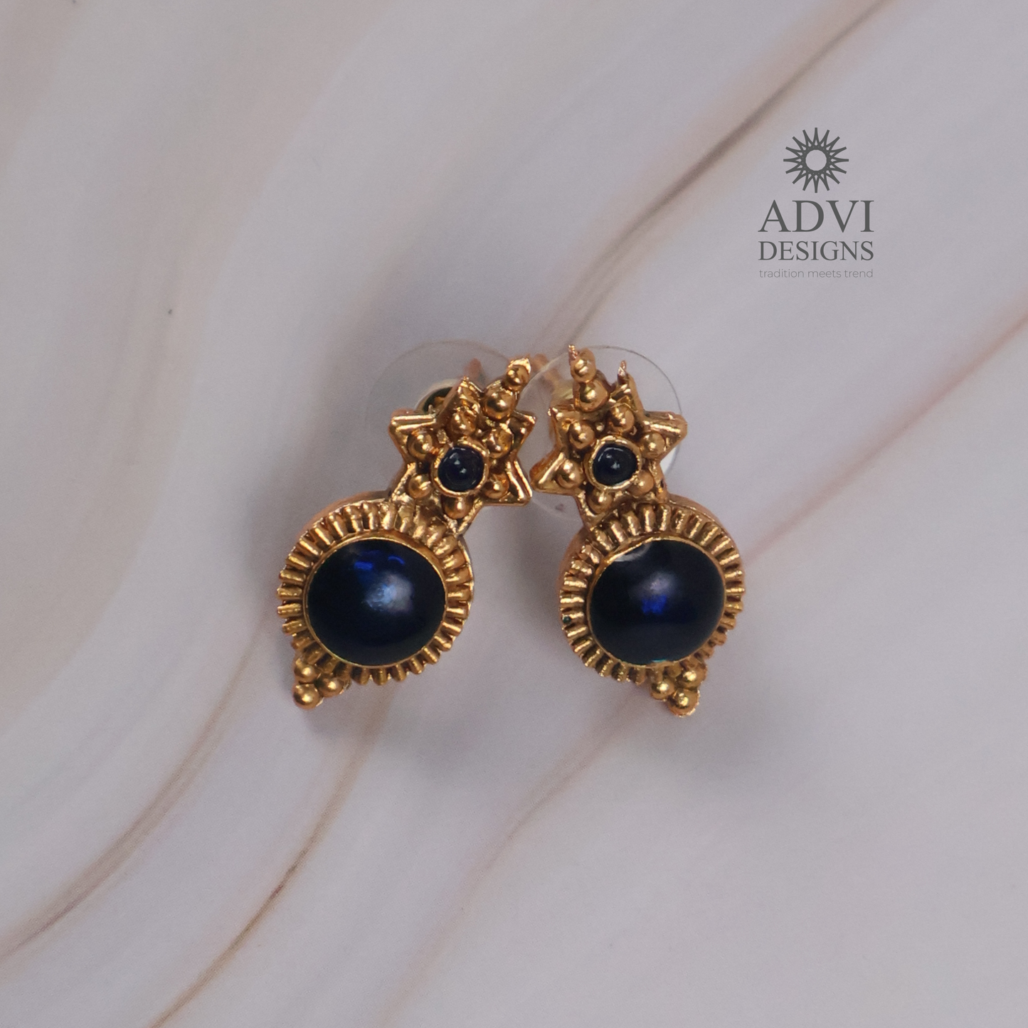 Traditional Temple Blue Stone Long Haram Necklace Set with Pendant & Stud Earrings