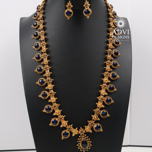 Traditional Temple Blue Stone Long Haram Necklace Set with Pendant & Stud Earrings