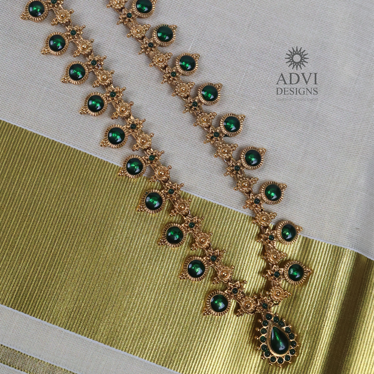 Traditional Temple Green Stone Long Haram Necklace Set with Pendant & Stud Earrings