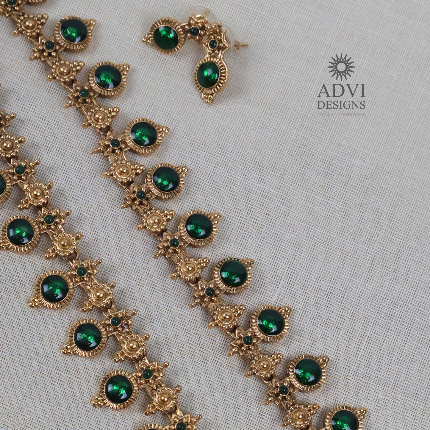 Traditional Temple Green Stone Long Haram Necklace Set with Pendant & Stud Earrings