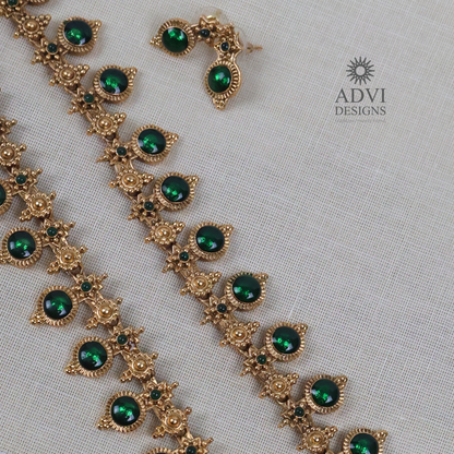 Traditional Temple Green Stone Long Haram Necklace Set with Pendant & Stud Earrings