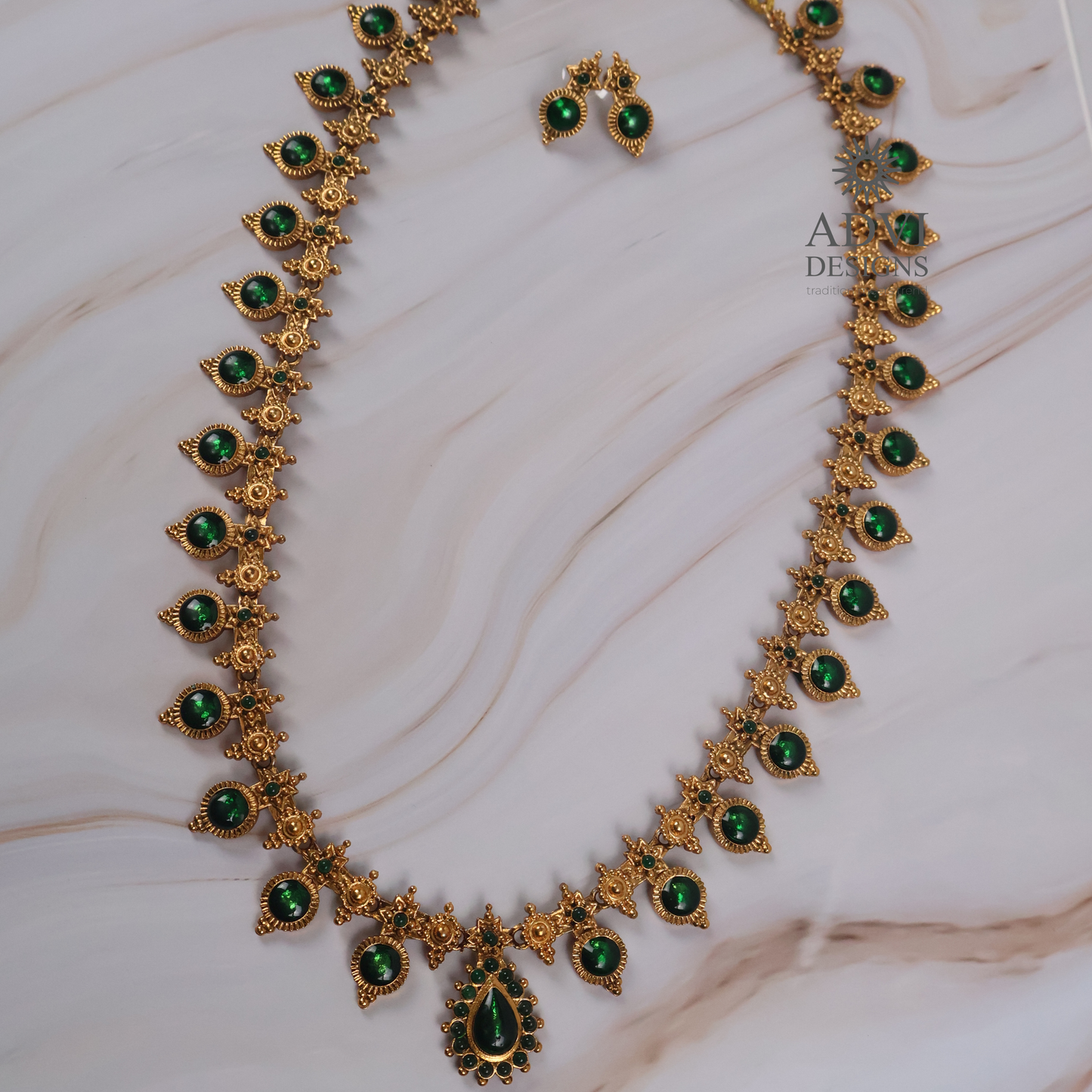 Traditional Temple Green Stone Long Haram Necklace Set with Pendant & Stud Earrings