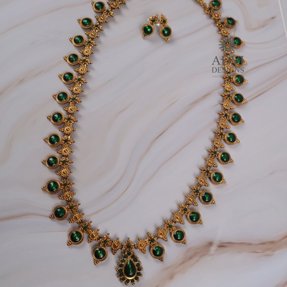 Traditional Temple Green Stone Long Haram Necklace Set with Pendant & Stud Earrings