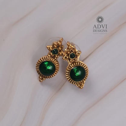 Traditional Temple Green Stone Long Haram Necklace Set with Pendant & Stud Earrings