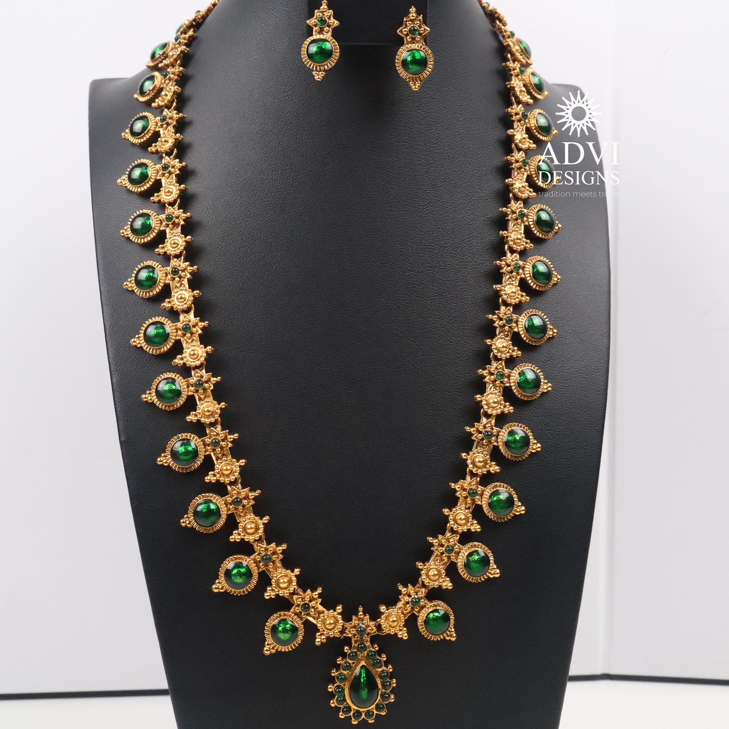 Traditional Temple Green Stone Long Haram Necklace Set with Pendant & Stud Earrings
