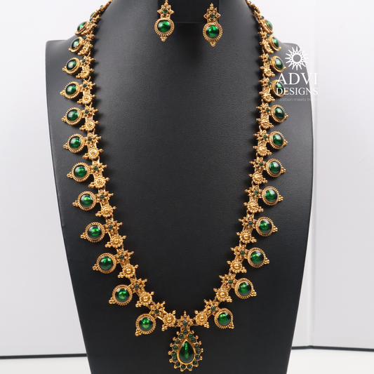 Traditional Temple Green Stone Long Haram Necklace Set with Pendant & Stud Earrings