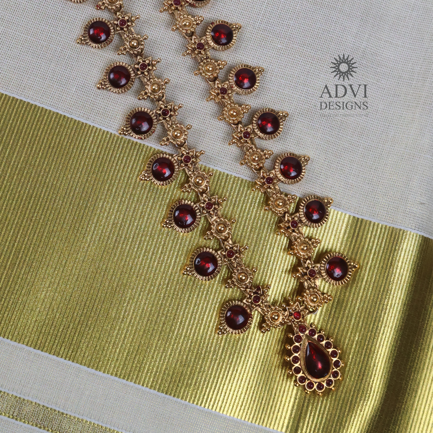 Traditional Temple Ruby Red Stone Long Haram Necklace Set with Pendant & Stud Earrings