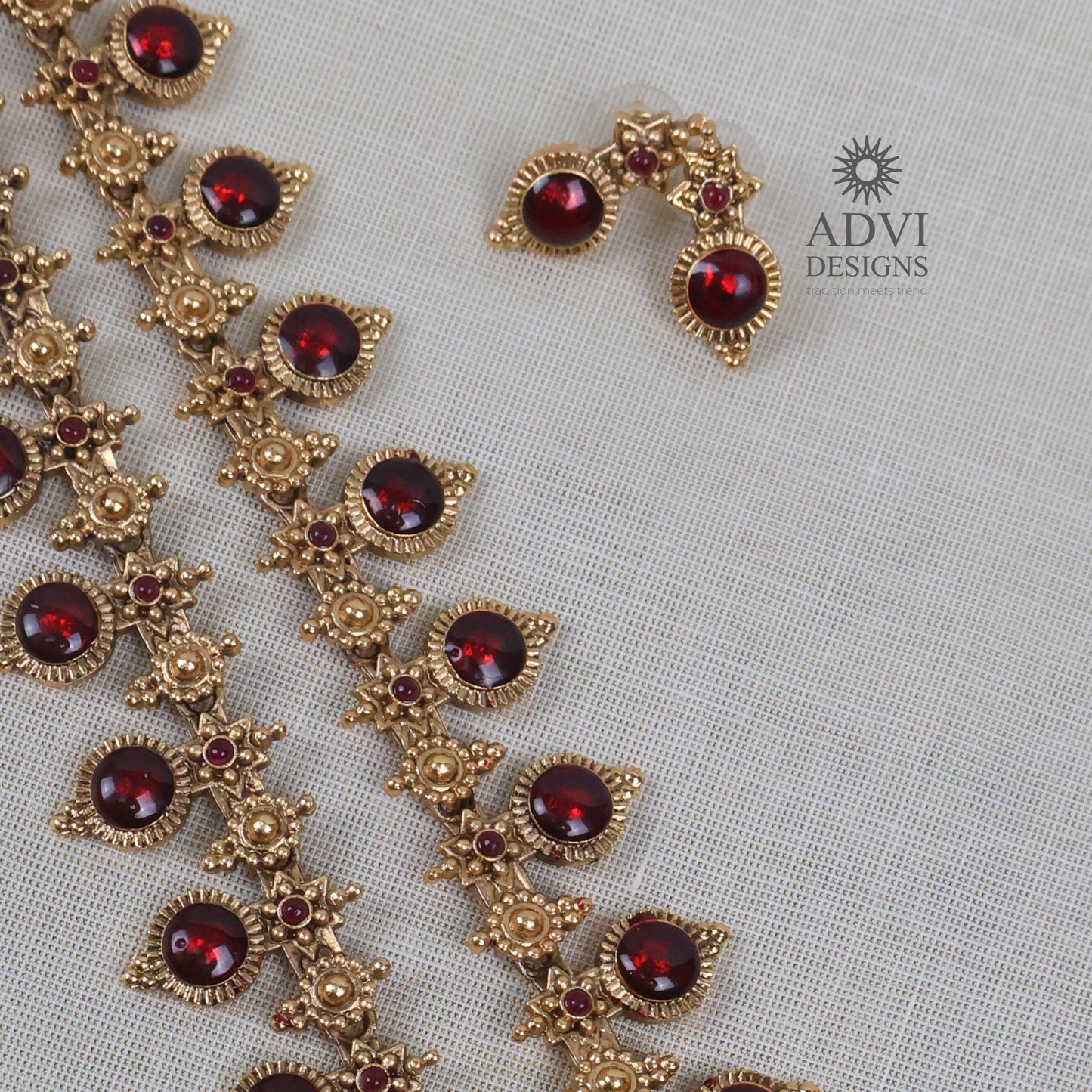 Traditional Temple Ruby Red Stone Long Haram Necklace Set with Pendant & Stud Earrings