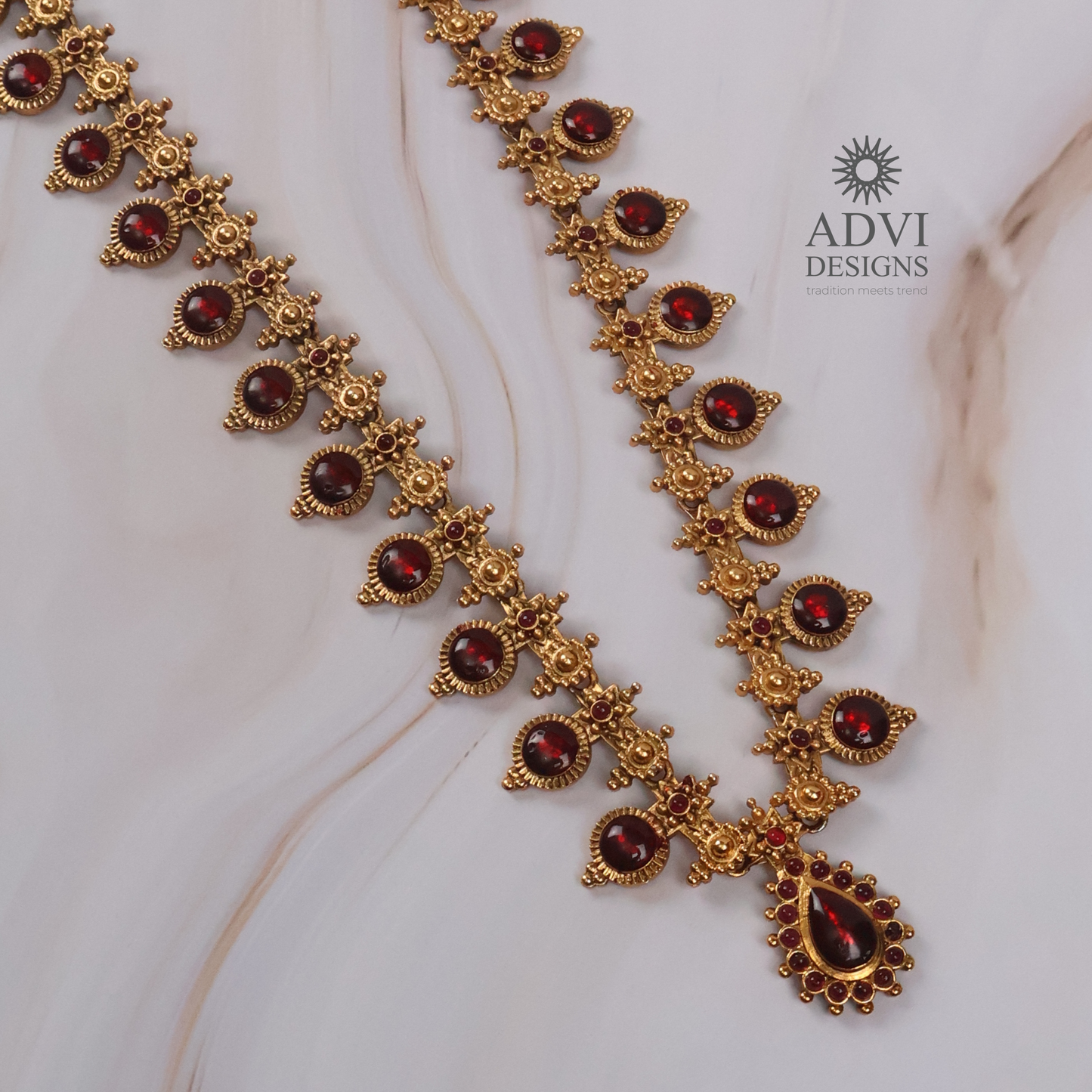 Traditional Temple Ruby Red Stone Long Haram Necklace Set with Pendant & Stud Earrings