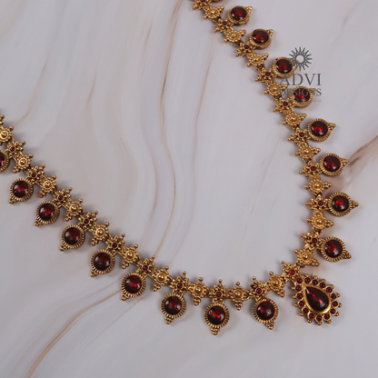 Traditional Temple Ruby Red Stone Long Haram Necklace Set with Pendant & Stud Earrings
