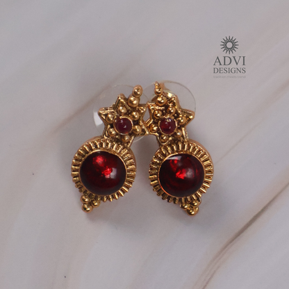 Traditional Temple Ruby Red Stone Long Haram Necklace Set with Pendant & Stud Earrings