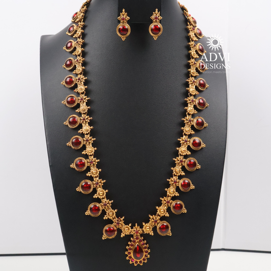 Traditional Temple Ruby Red Stone Long Haram Necklace Set with Pendant & Stud Earrings