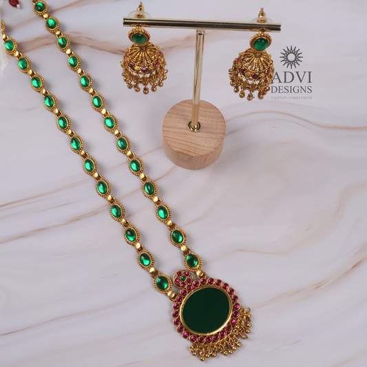 Traditional Green Kemp Stone Long Haram Necklace Set with Jhumka Earrings