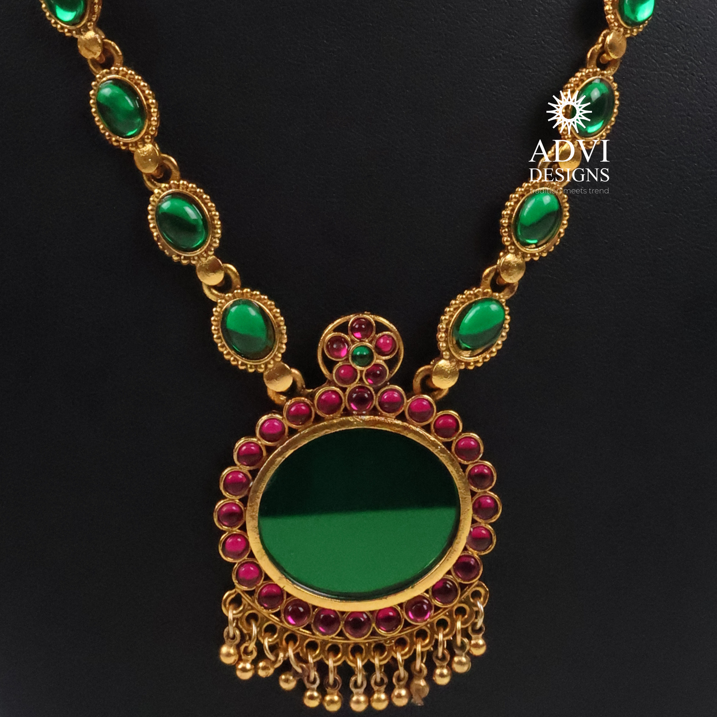 Traditional Green Kemp Stone Long Haram Necklace Set with Jhumka Earrings