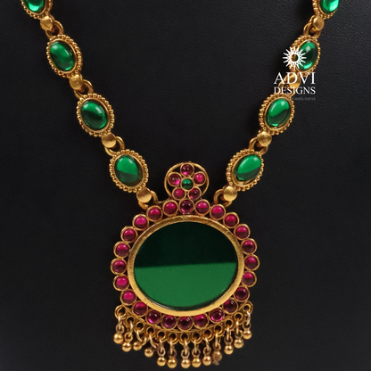 Traditional Green Kemp Stone Long Haram Necklace Set with Jhumka Earrings