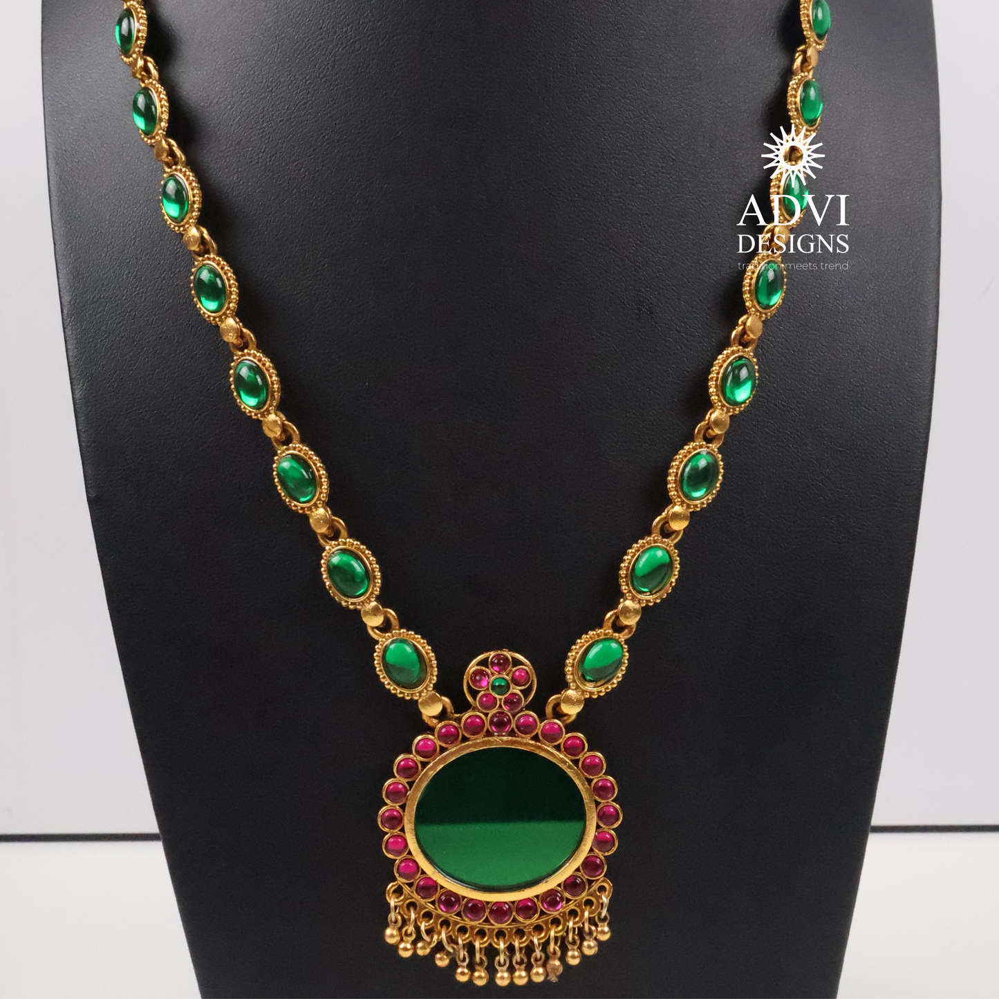 Traditional Green Kemp Stone Long Haram Necklace Set with Jhumka Earrings