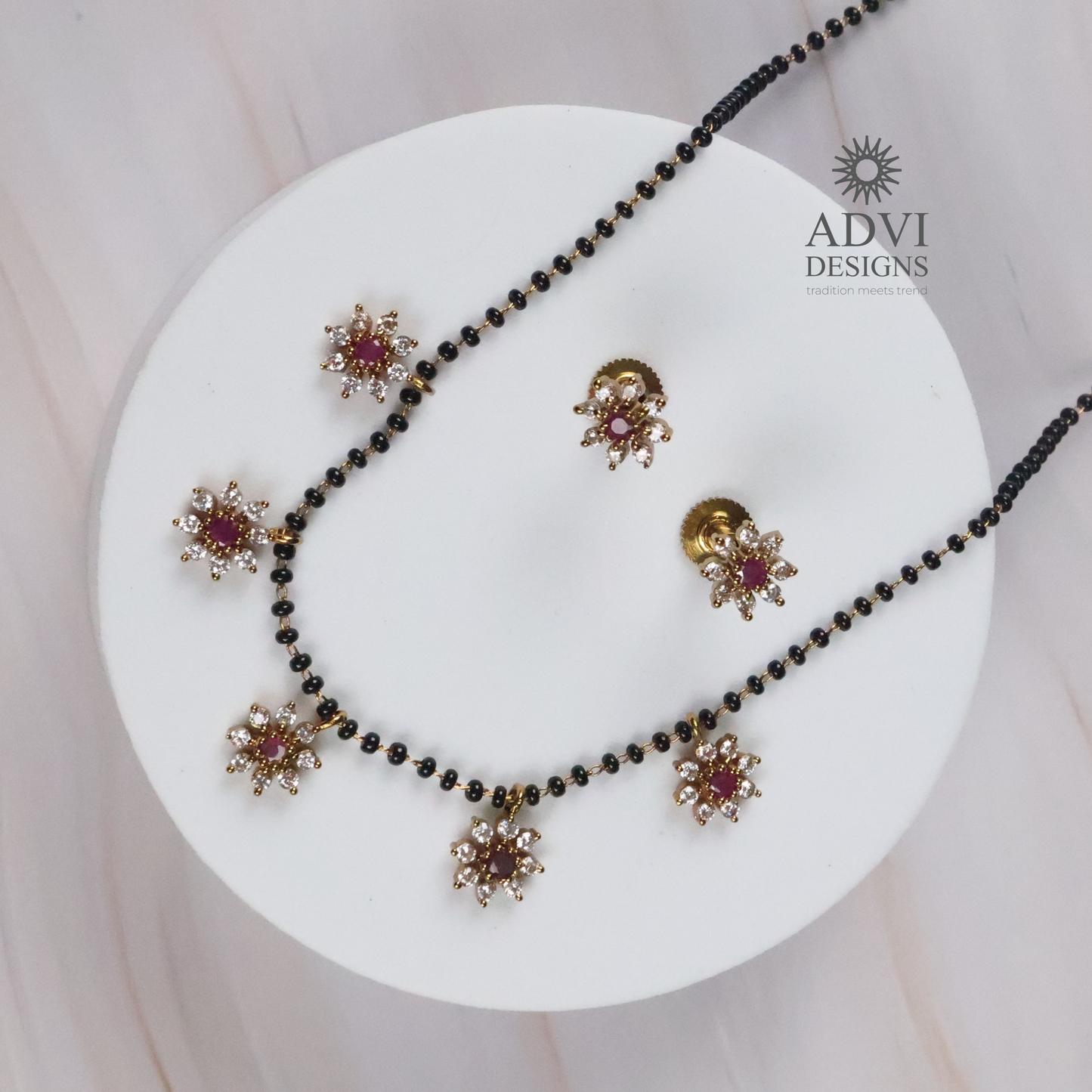 Floral Ruby Stone Mangalsutra Necklace Set with CZ Petal Charms