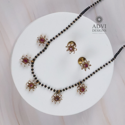Floral Ruby Stone Mangalsutra Necklace Set with CZ Petal Charms