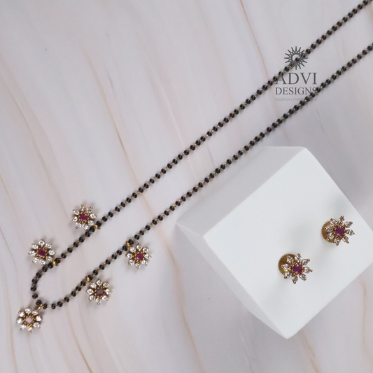 Floral Ruby Stone Mangalsutra Necklace Set with CZ Petal Charms